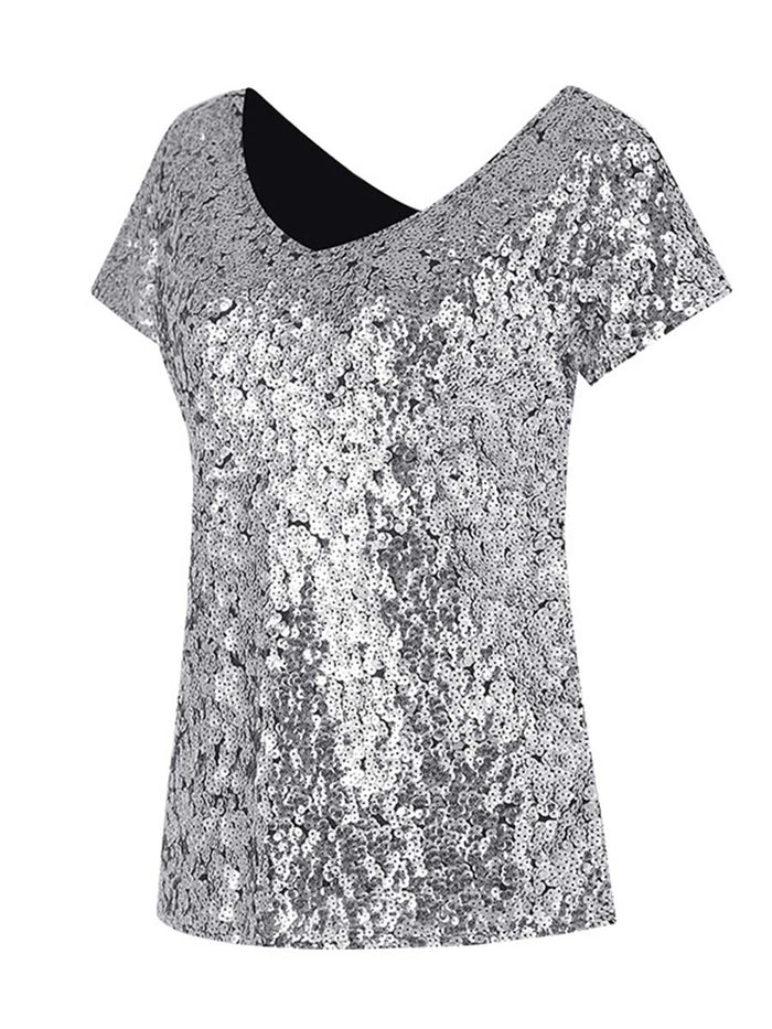 Gradient Sequin Short-Sleeve V-Neck Slim Fit T-Shirt