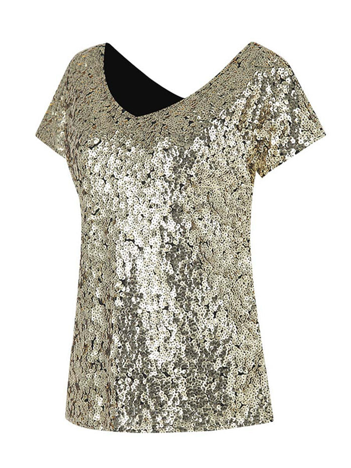 Gradient Sequin Short-Sleeve V-Neck Slim Fit T-Shirt