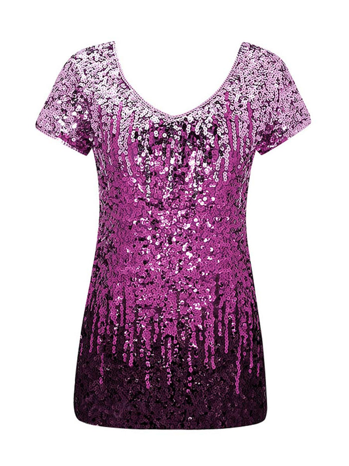 Gradient Sequin Short-Sleeve V-Neck Slim Fit T-Shirt