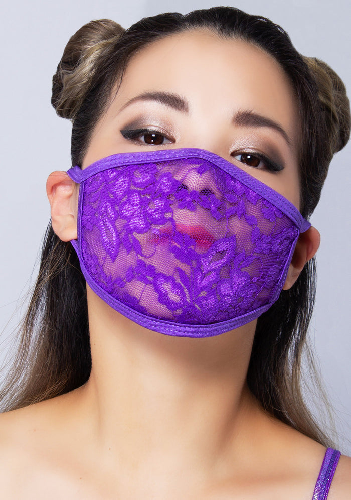 BGlittz Grape Lace Dust Mask in purple with full purple lace detail on breathable nylon rave festival face mask — model front view