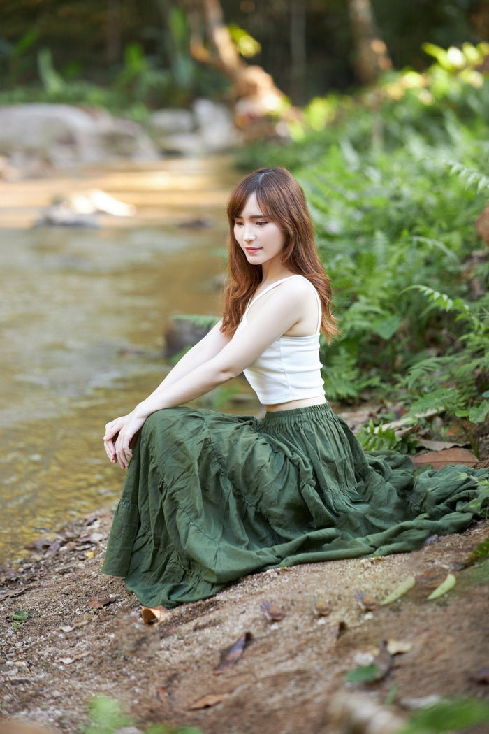 GREEN COTTON MAXI RUFFLE SKIRT - Lannaclothesdesign Shop