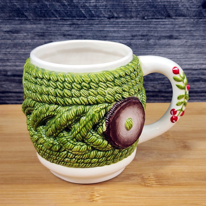 Green Knit Design with Button Mug and Cherry Handle Tea Cup Ceramic by Blue Sky