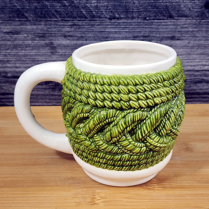 Green Knit Design with Button Mug and Cherry Handle Tea Cup Ceramic by Blue Sky