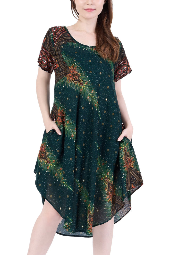 Green Peacock Fabric Dress with Sleeves and Two Pockets - Lannaclothesdesign Shop