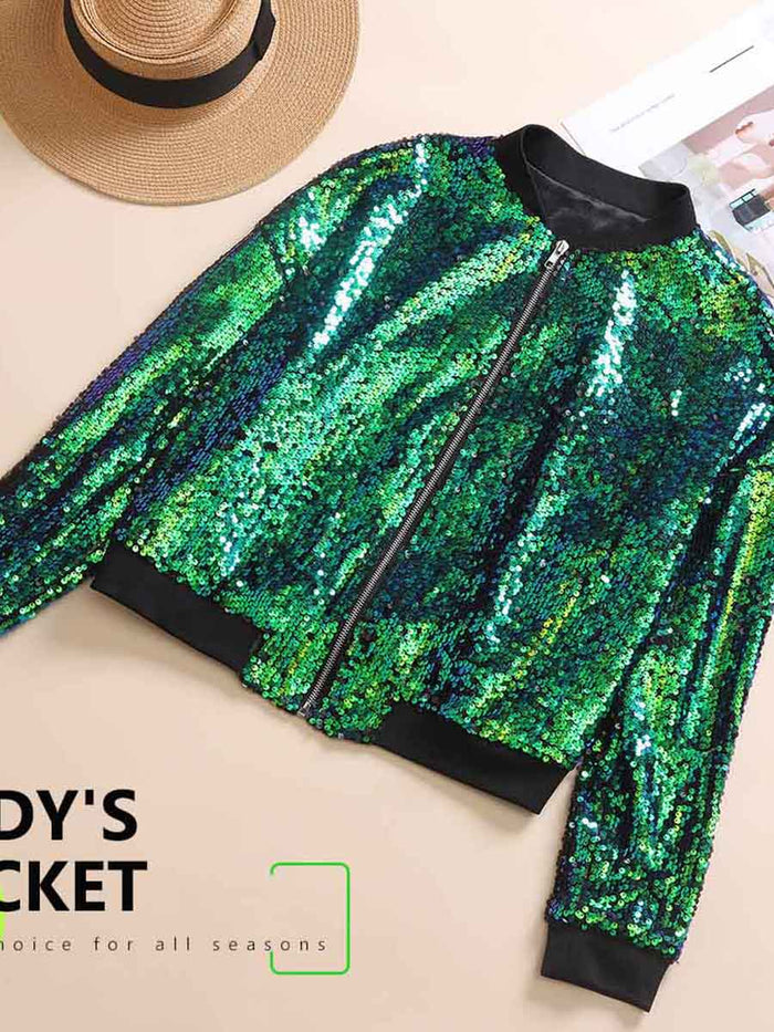 Green Sequin Bomber Jacket
