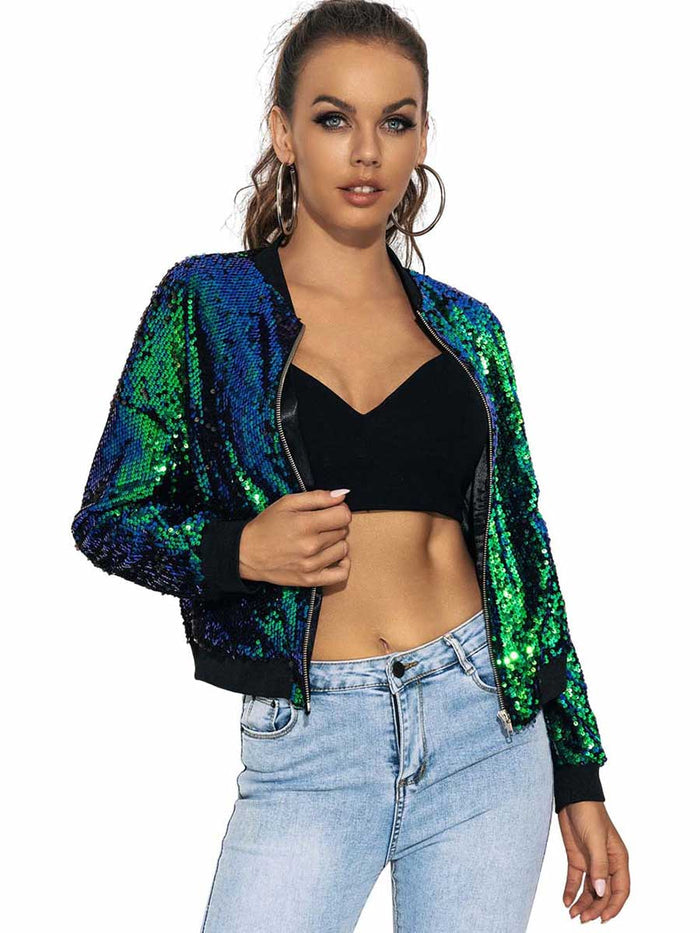 Green Sequin Bomber Jacket