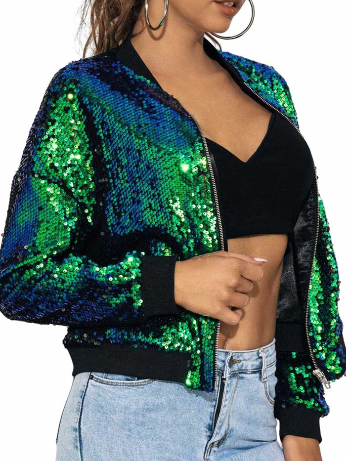 Green Sequin Bomber Jacket