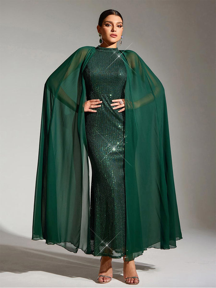 Green Sequin Cape Sleeve Round Neck Party Maxi Dress