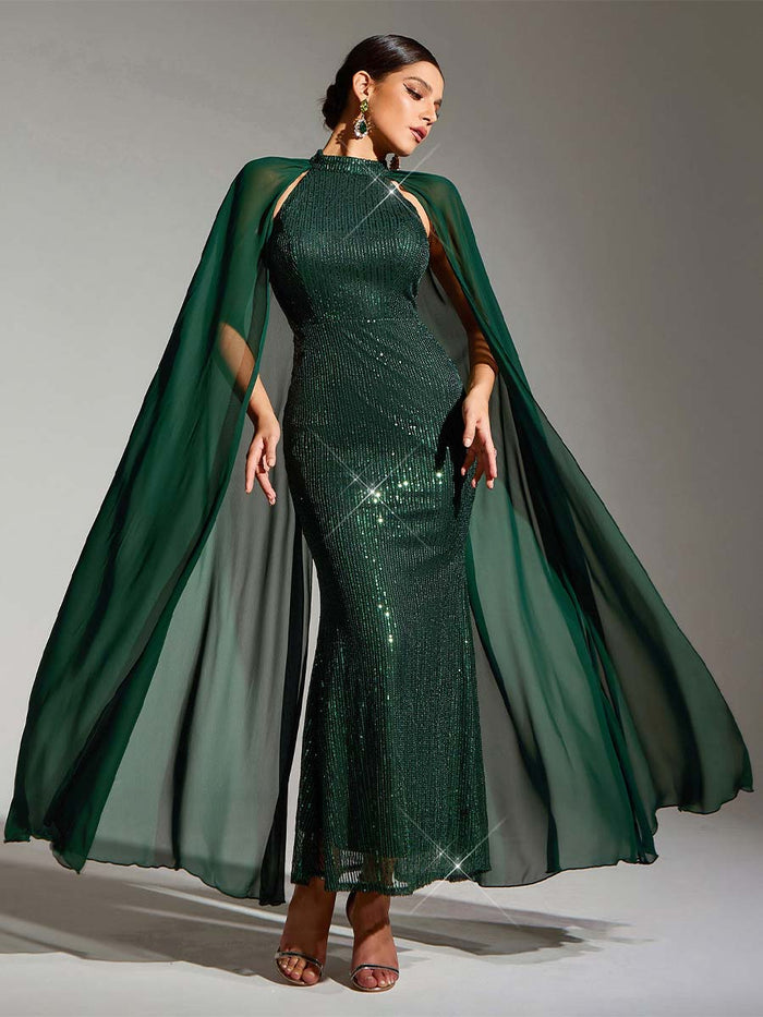 Green Sequin Cape Sleeve Round Neck Party Maxi Dress