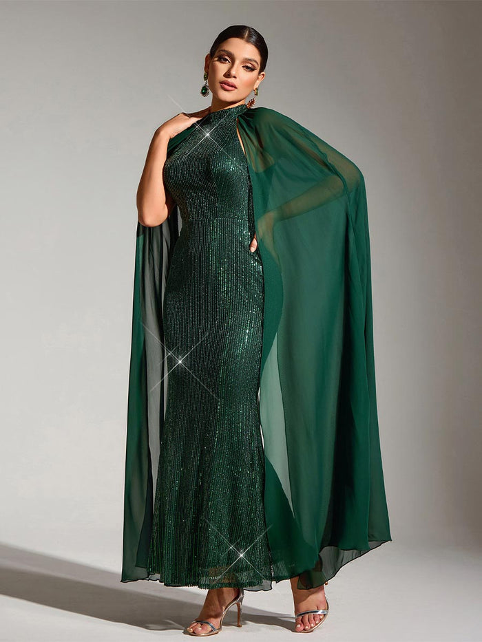 Green Sequin Cape Sleeve Round Neck Party Maxi Dress