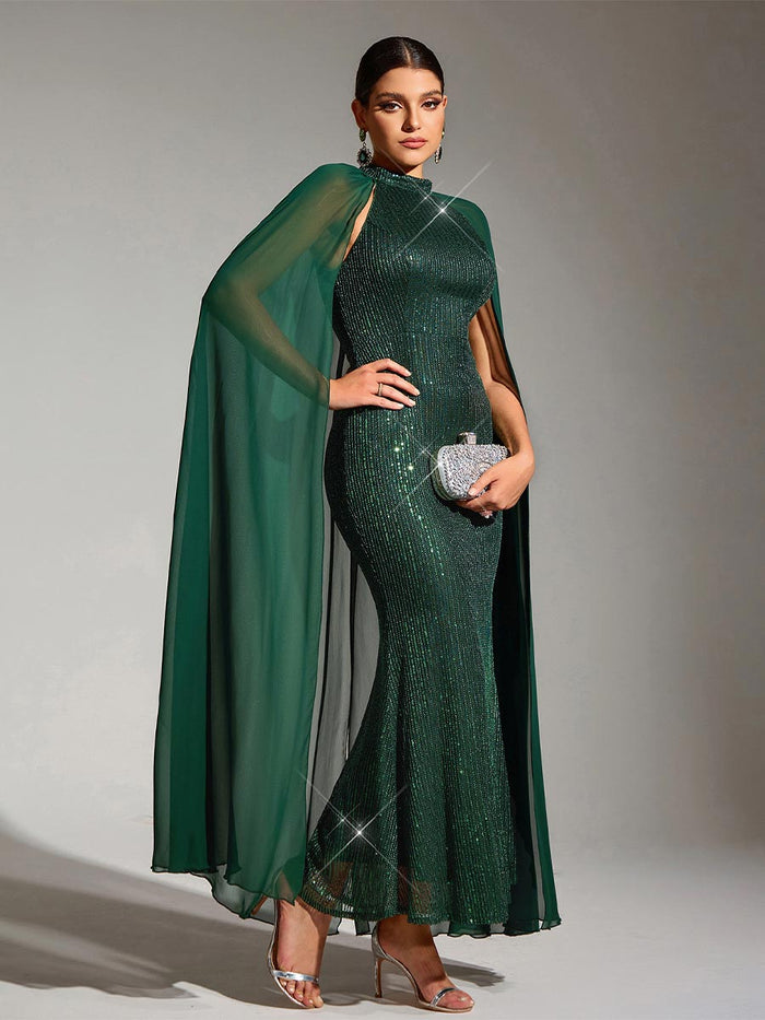 Green Sequin Cape Sleeve Round Neck Party Maxi Dress