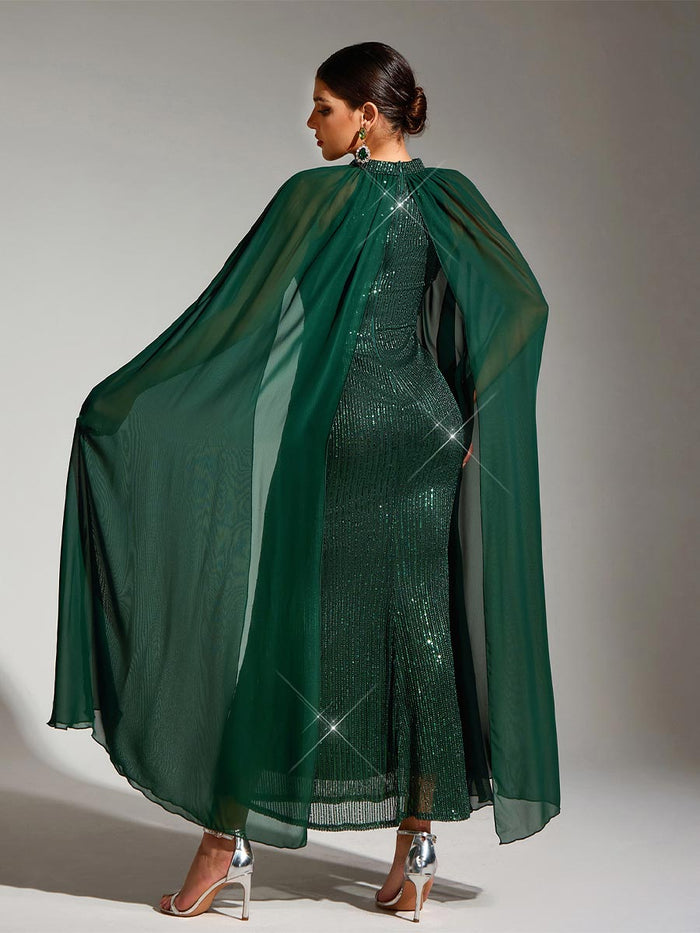 Green Sequin Cape Sleeve Round Neck Party Maxi Dress