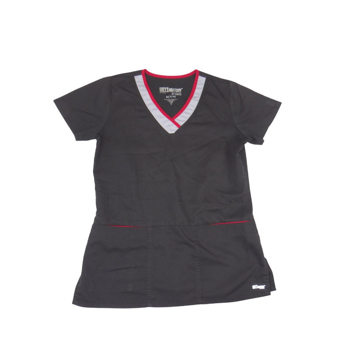 Greys Anatomy by Barco Active Scrub Top Black Red Grey V Neck Small 36400