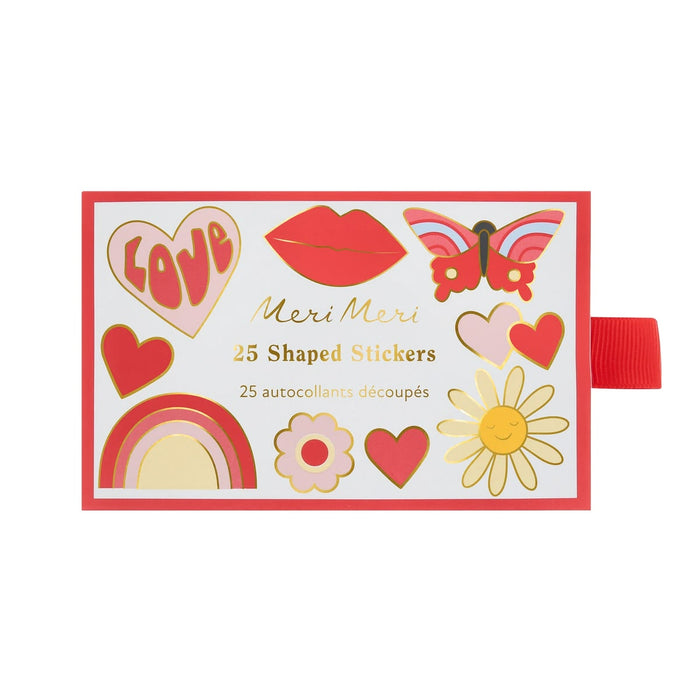 Pack of 25 shaped stickers with various designs including hearts, lips, a butterfly, and a rainbow on a white background.