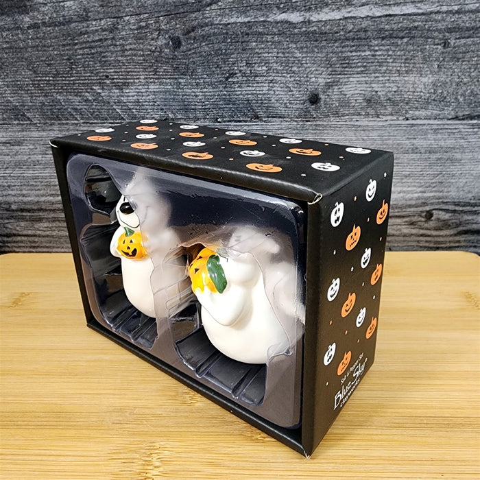 Halloween Ghost Salt Pepper Set Ceramic Pumpkin Fall Blue Sky Heather Goldminc