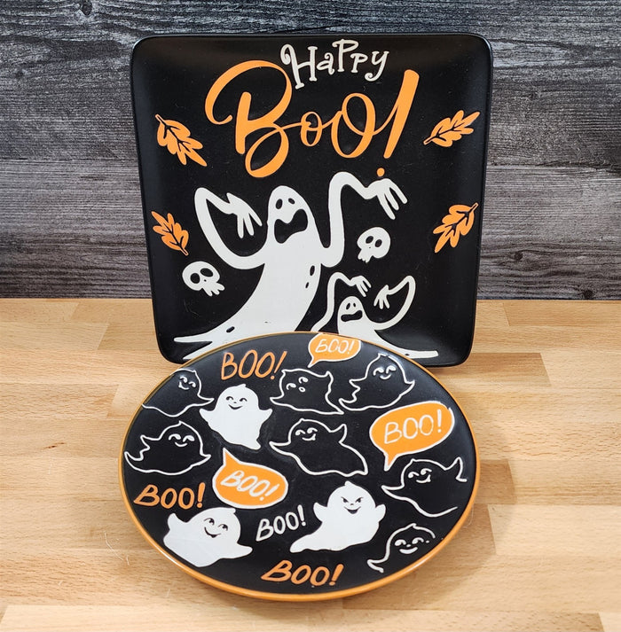 Halloween Ghosts Set of 2 Orange Black Plates Embossed Ceramic 8" ELI + ANA