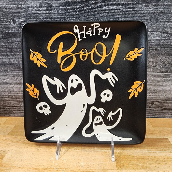 Halloween Ghosts Set of 2 Orange Black Plates Embossed Ceramic 8" ELI + ANA
