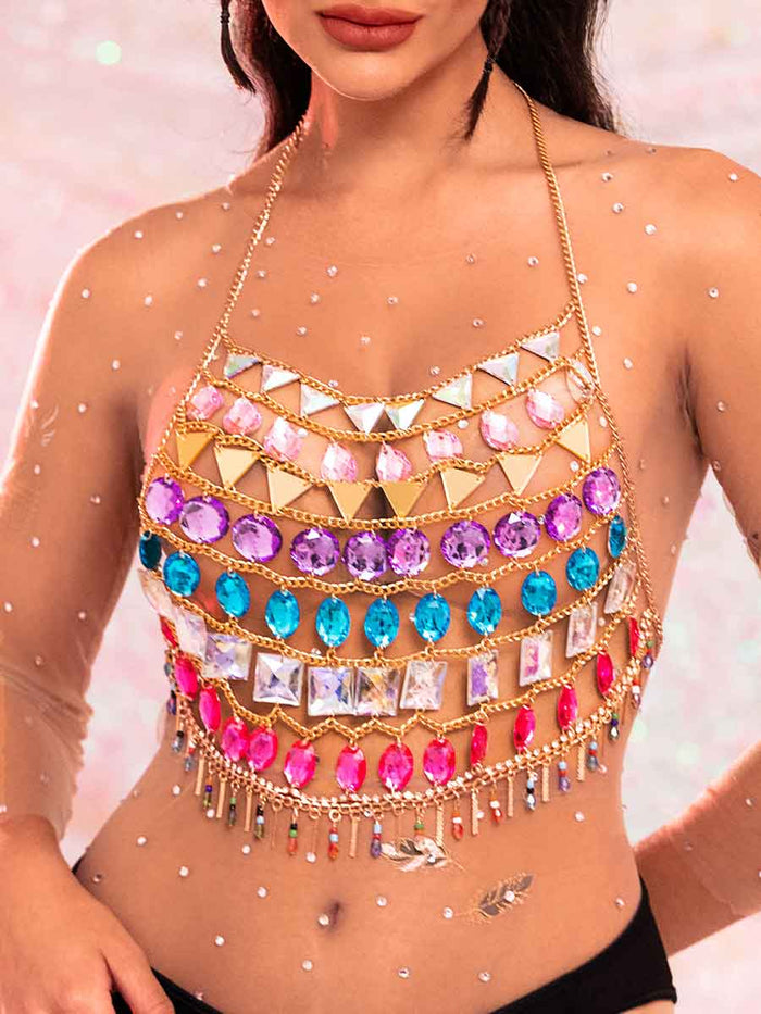 Halter Rhinestone Top - Shiny Metal Chain Crystal Tank Top
