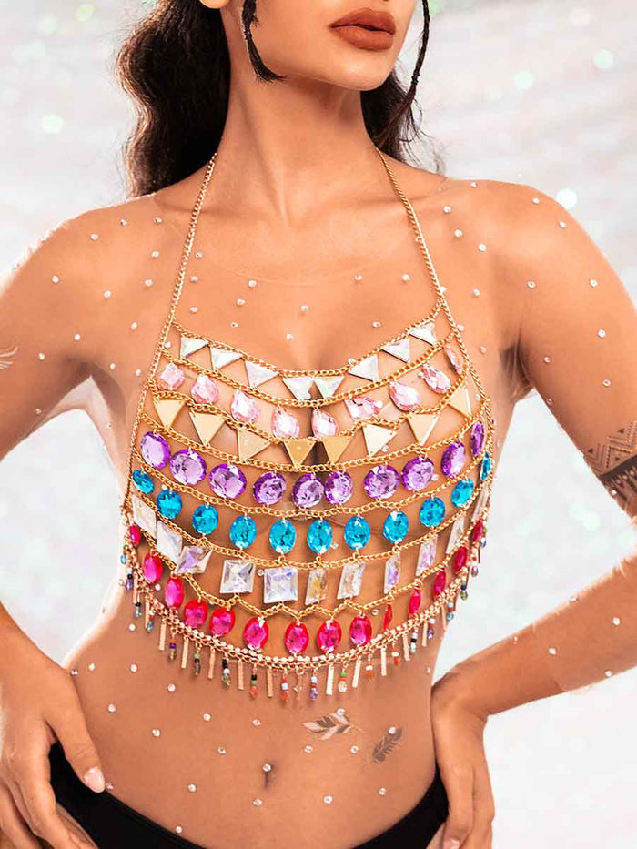 Halter Rhinestone Top - Shiny Metal Chain Crystal Tank Top