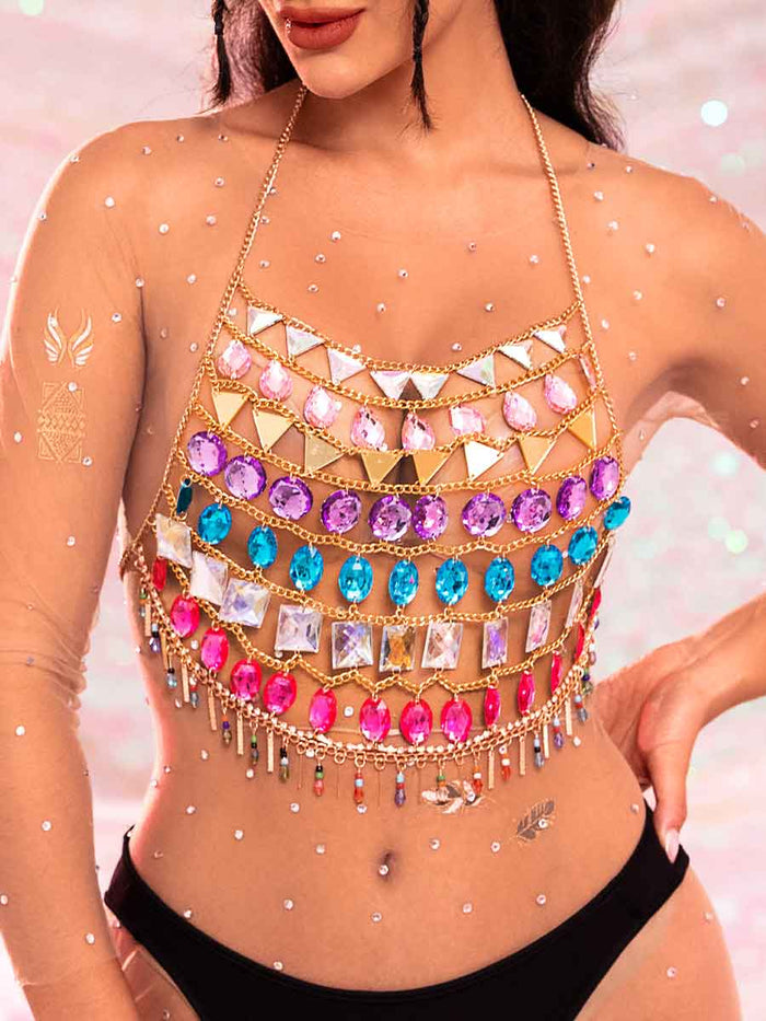 Halter Rhinestone Top - Shiny Metal Chain Crystal Tank Top