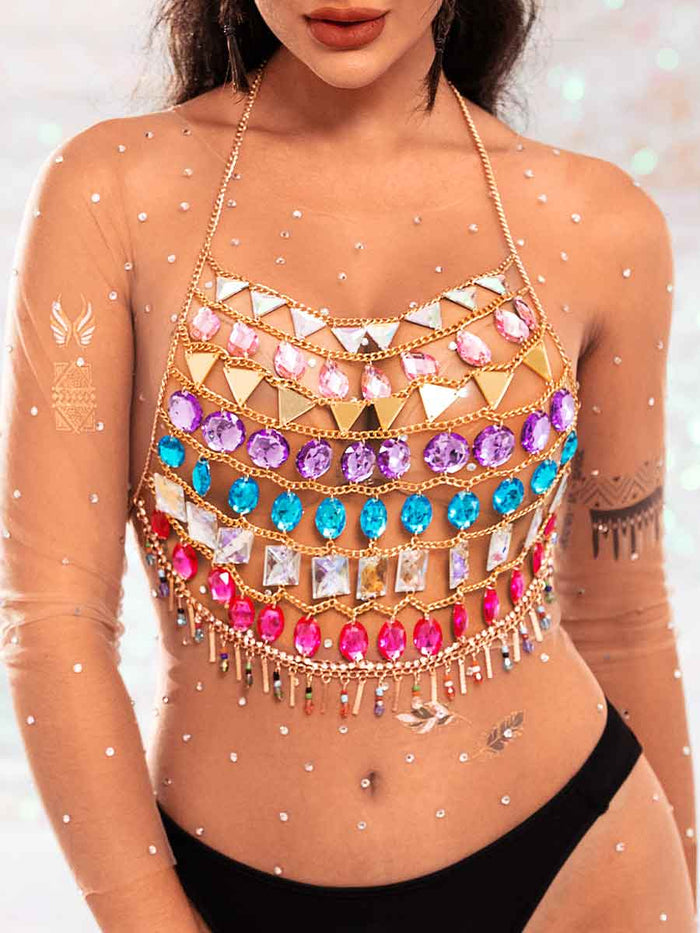 Halter Rhinestone Top - Shiny Metal Chain Crystal Tank Top