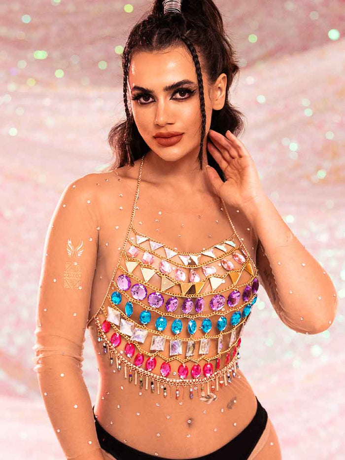 Halter Rhinestone Top - Shiny Metal Chain Crystal Tank Top