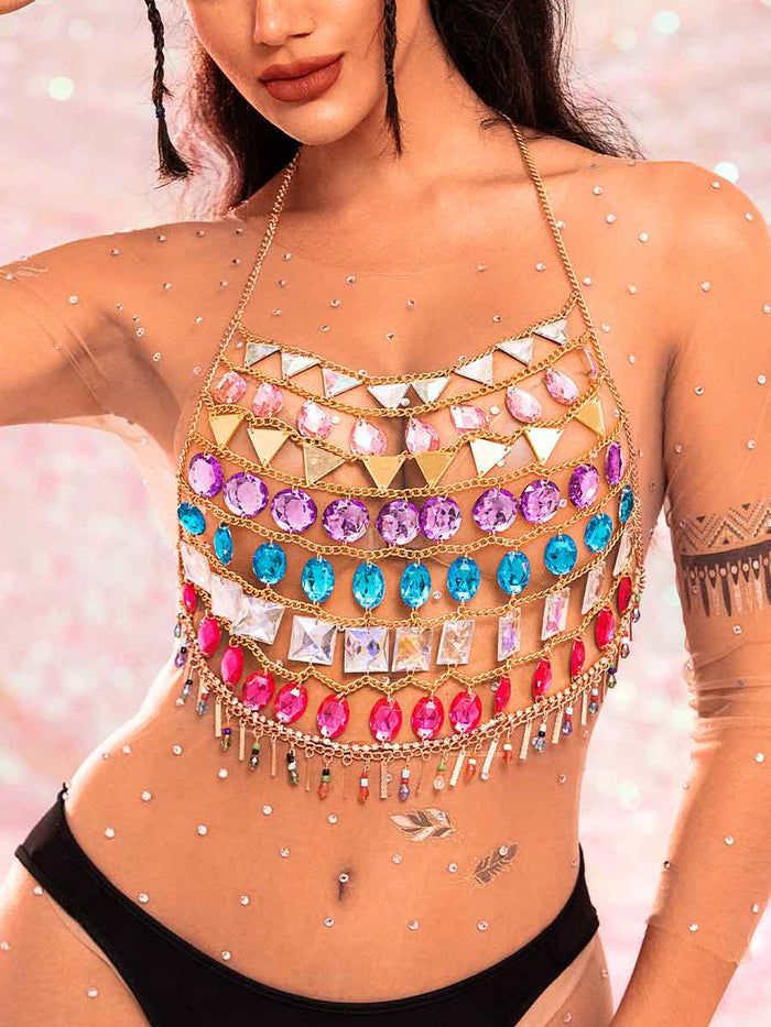 Halter Rhinestone Top - Shiny Metal Chain Crystal Tank Top