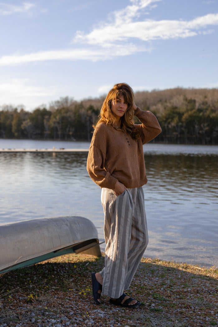 Handwoven Cotton Pants in Grey and White Stripe