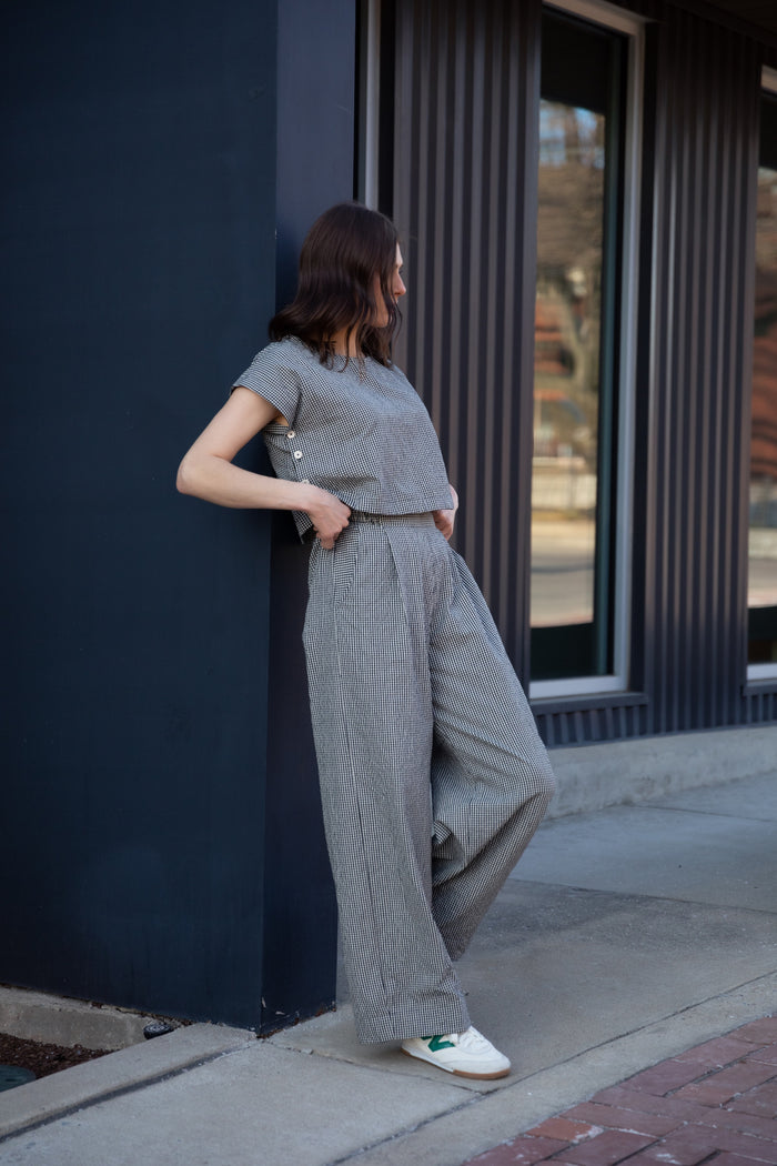 Handwoven Cotton Set in Black and White Gingham - M Pants Left