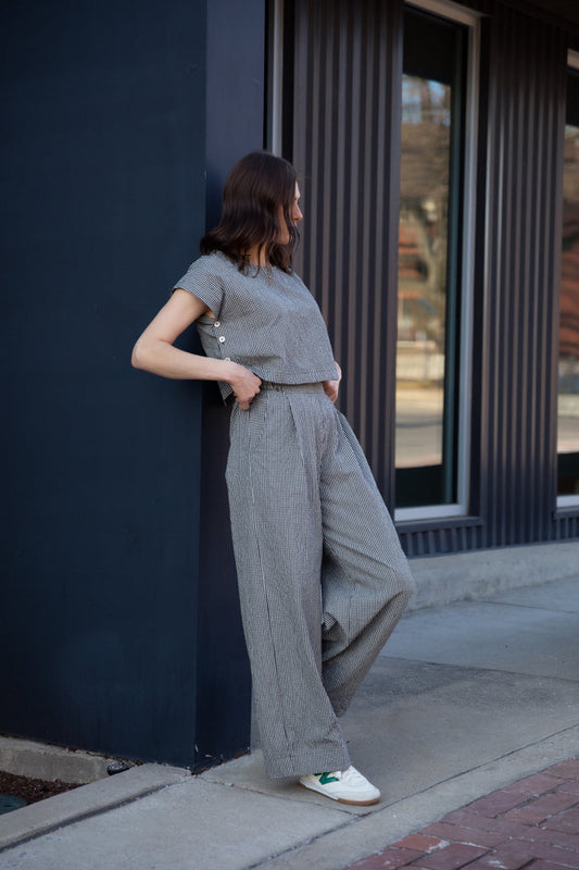 Handwoven Cotton Set in Black and White Gingham - M Pants Left