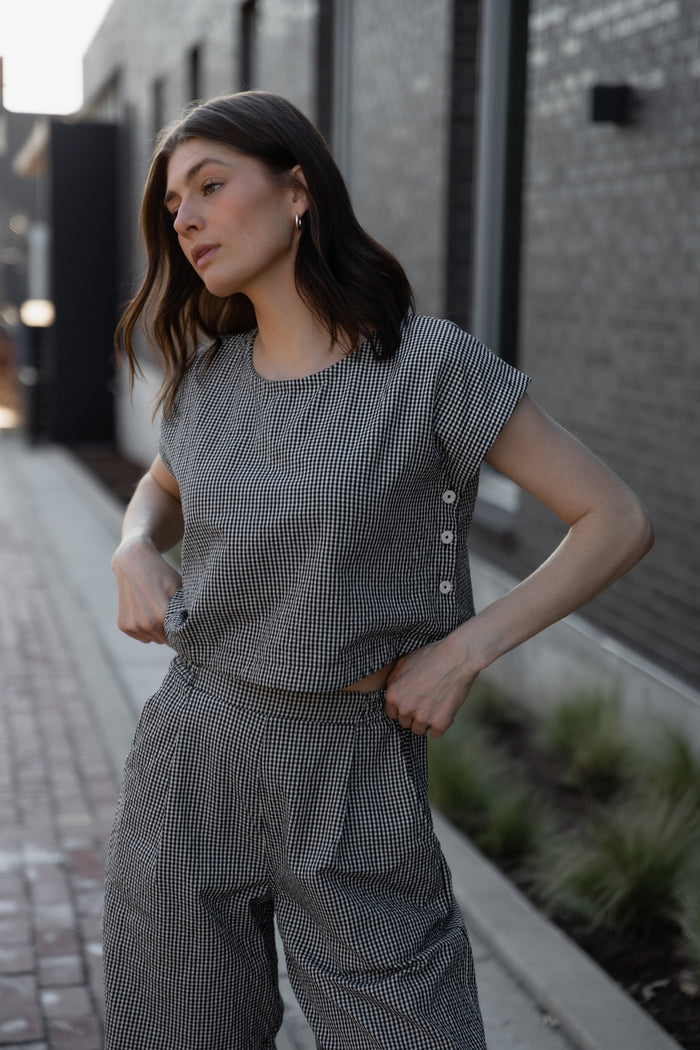 Handwoven Cotton Set in Black and White Gingham - M Pants Left