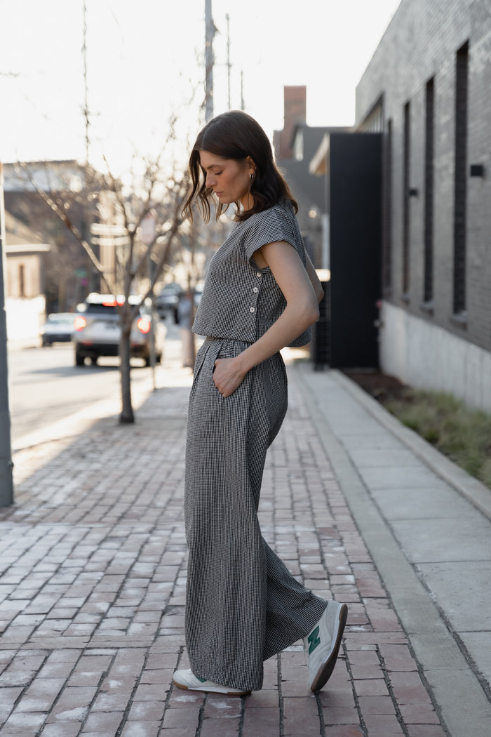 Handwoven Cotton Set in Black and White Gingham - M Pants Left