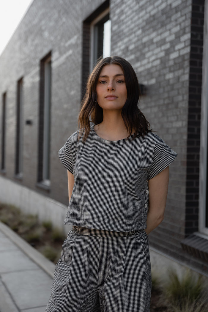 Handwoven Cotton Set in Black and White Gingham - M Pants Left