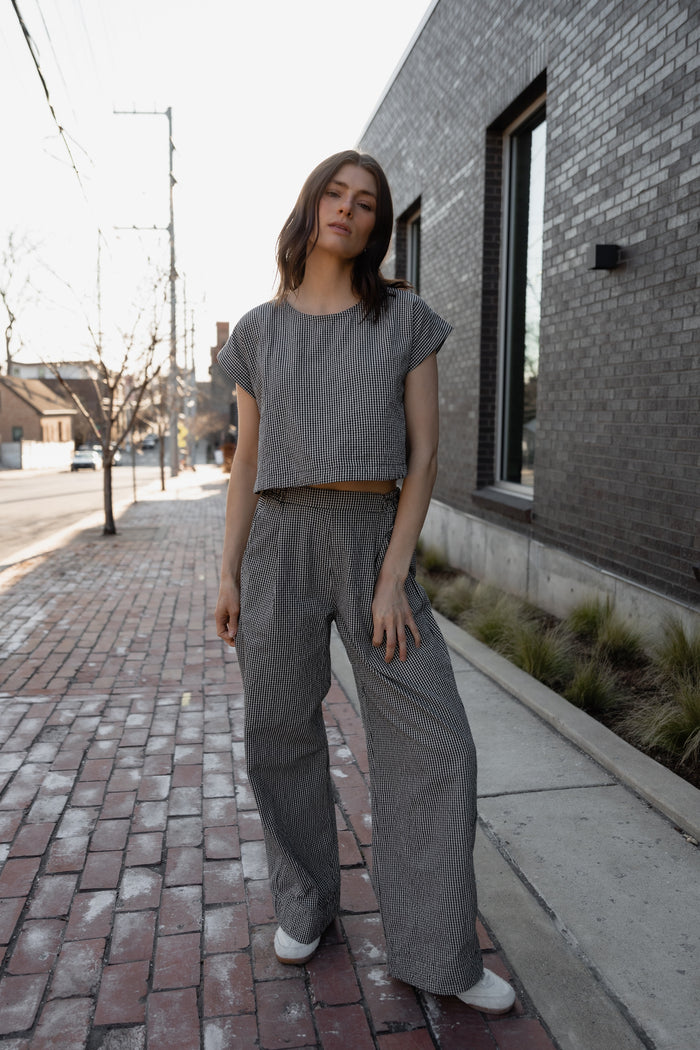 Handwoven Cotton Set in Black and White Gingham - M Pants Left