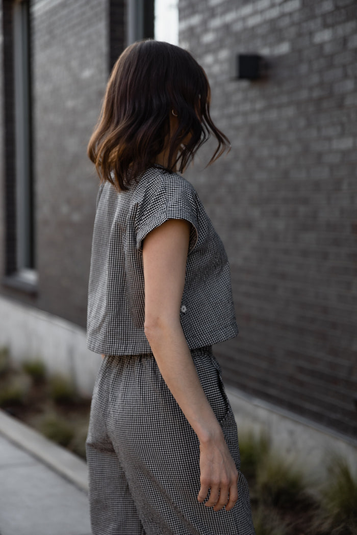 Handwoven Cotton Set in Black and White Gingham - M Pants Left