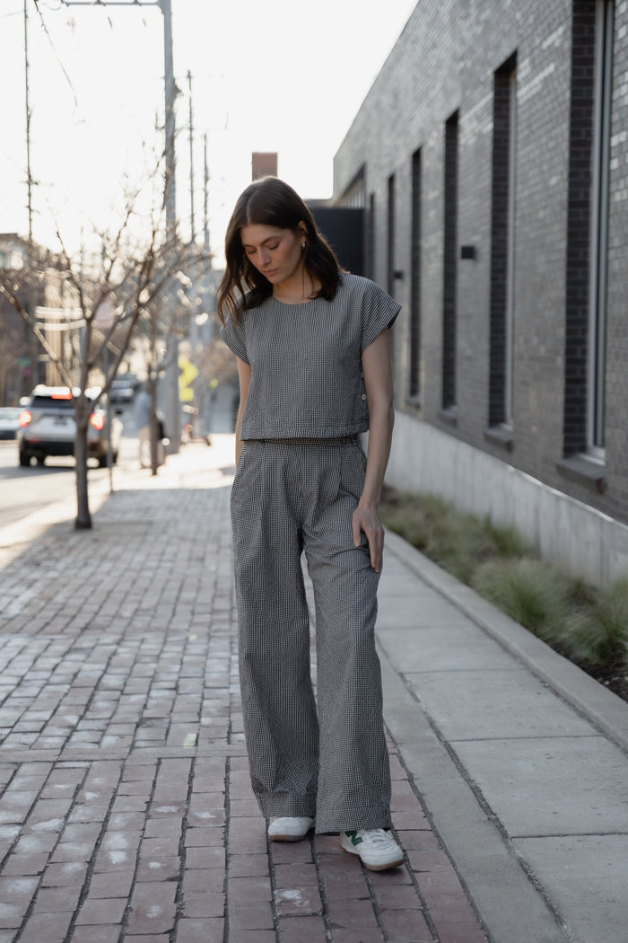 Handwoven Cotton Set in Black and White Gingham - M Pants Left