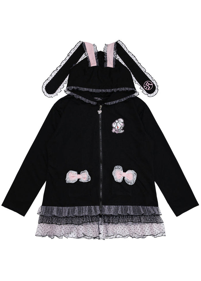 ACDC Rag Hanyo Usagi Chax Bunny Black Zip Up Hoodie in black with embroidered Chax bunny graphic on rave festival hoodie — front flat lay