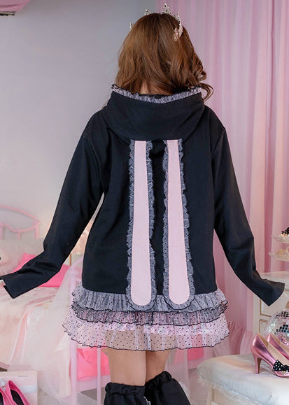 ACDC Rag Hanyo Usagi Chax Bunny Black Zip Up Hoodie in black with embroidered Chax bunny graphic on rave festival hoodie — worn back view
