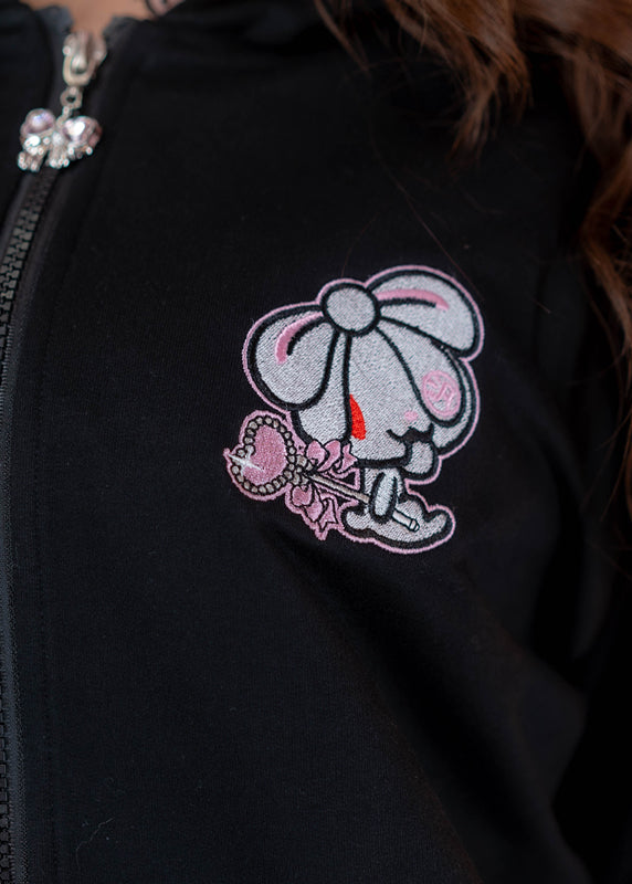 ACDC Rag Hanyo Usagi Chax Bunny Black Zip Up Hoodie in black with drawstring hood on rave festival hoodie — hood detail