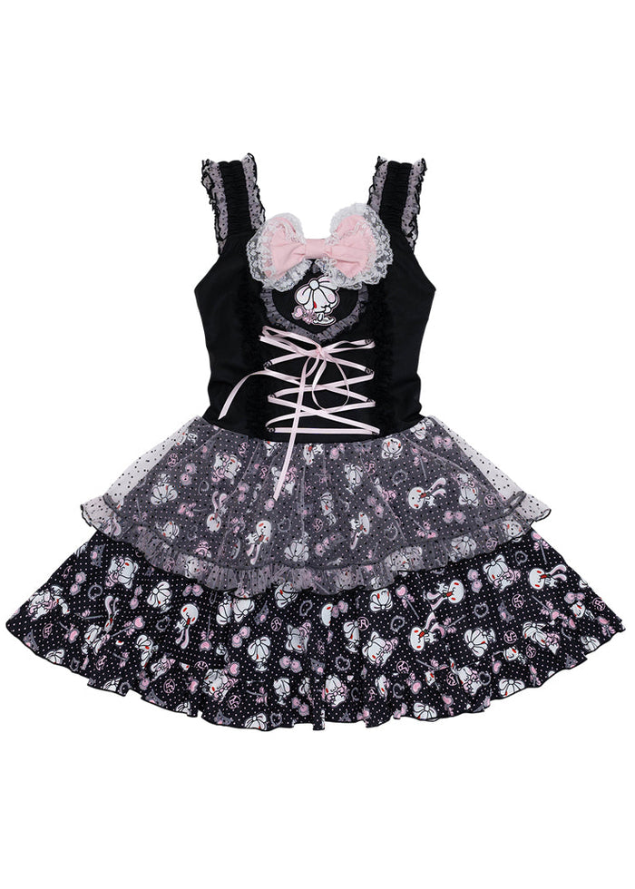 ACDC Rag Hanyo Usagi Chax Bunny Jumper Black Dress in black with pink bow and polka dot ruffle skirt on jumper dress — front flat lay