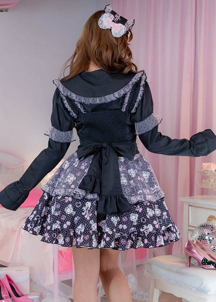ACDC Rag Hanyo Usagi Chax Bunny Jumper Black Dress in black with polka dot ruffle skirt on jumper dress — worn back view