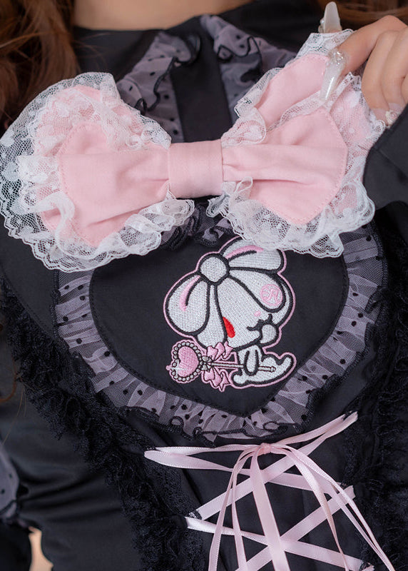 ACDC Rag Hanyo Usagi Chax Bunny Jumper Black Dress in black with Hanyo Usagi bunny embroidery and pink bow on jumper dress — embroidery and bow detail