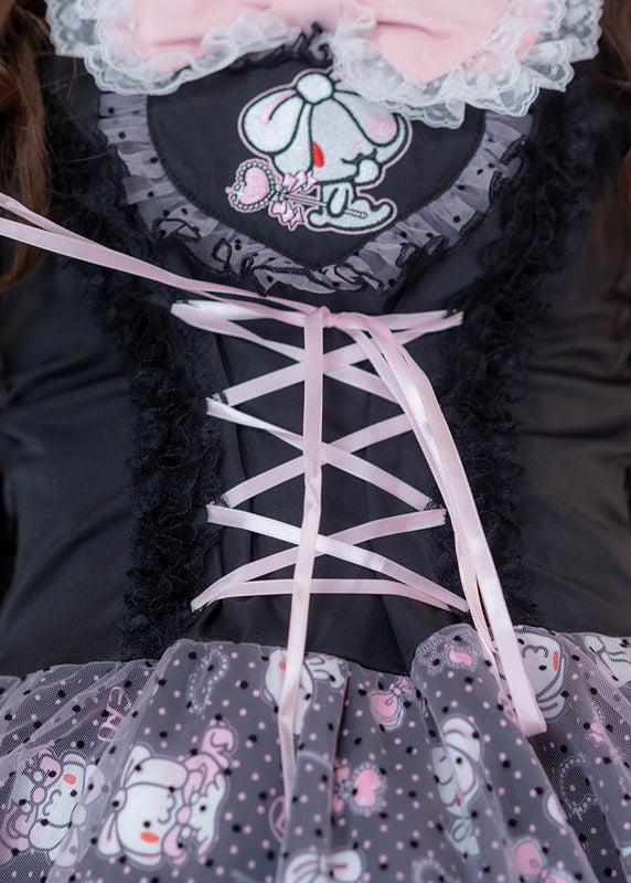 ACDC Rag Hanyo Usagi Chax Bunny Jumper Black Dress in black with pink ribbon lace-up corset front on jumper dress — lace-up corset detail