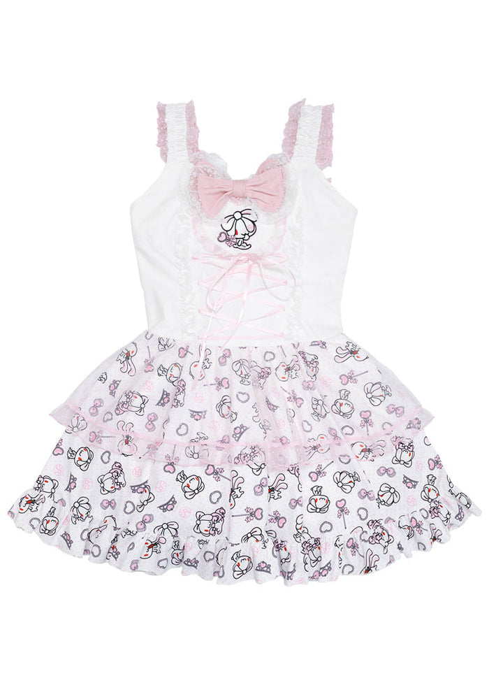 ACDC Rag Hanyo Usagi Chax Bunny Jumper White Dress in white and pink with pink bow and polka dot ruffle skirt on jumper dress — front flat lay