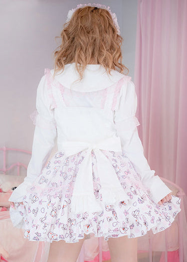 ACDC Rag Hanyo Usagi Chax Bunny Jumper White Dress in white and pink with polka dot ruffle skirt on jumper dress — worn back view