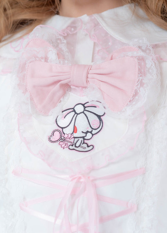ACDC Rag Hanyo Usagi Chax Bunny Jumper White Dress in white and pink with Hanyo Usagi bunny embroidery and pink bow on jumper dress — embroidery and bow detail