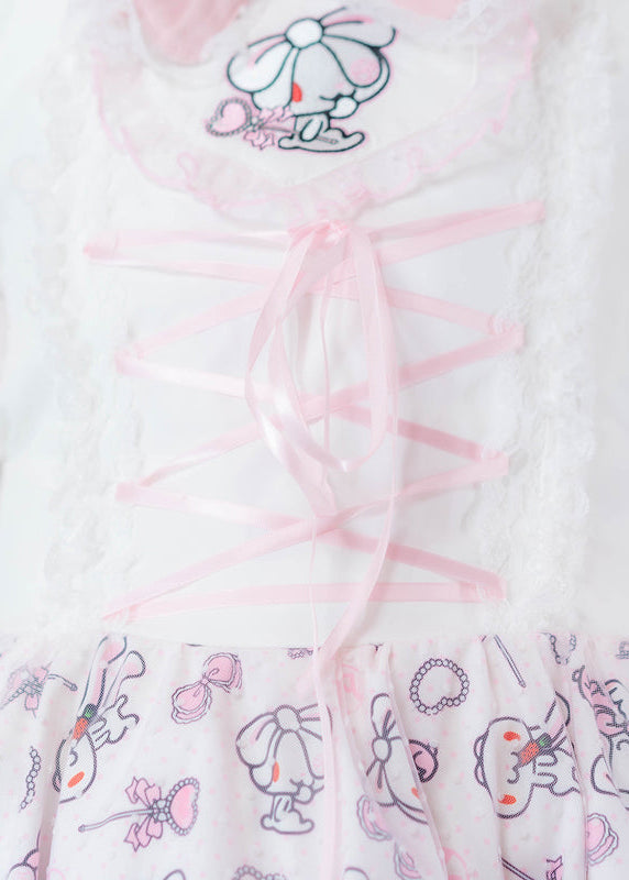 ACDC Rag Hanyo Usagi Chax Bunny Jumper White Dress in white and pink with pink ribbon lace-up corset front on jumper dress — lace-up corset detail