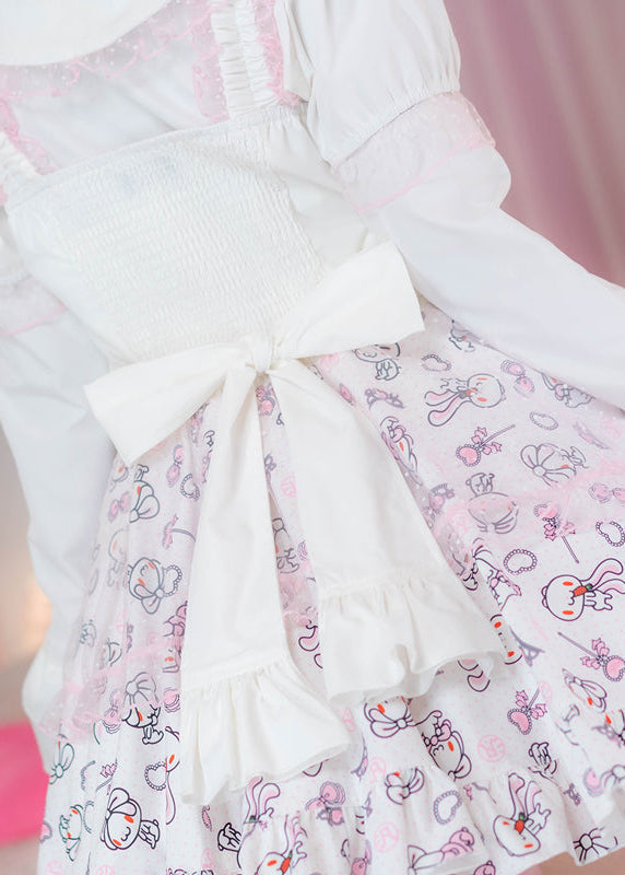 ACDC Rag Hanyo Usagi Chax Bunny Jumper White Dress in white and pink with back bow tie closure on jumper dress — back bow tie detail