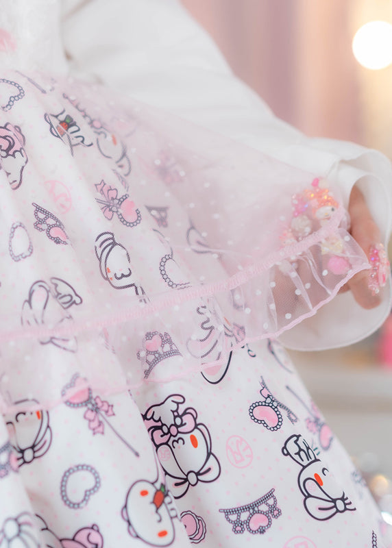 ACDC Rag Hanyo Usagi Chax Bunny Jumper White Dress in white and pink with sheer polka dot mesh ruffle trim on jumper dress — mesh ruffle trim detail