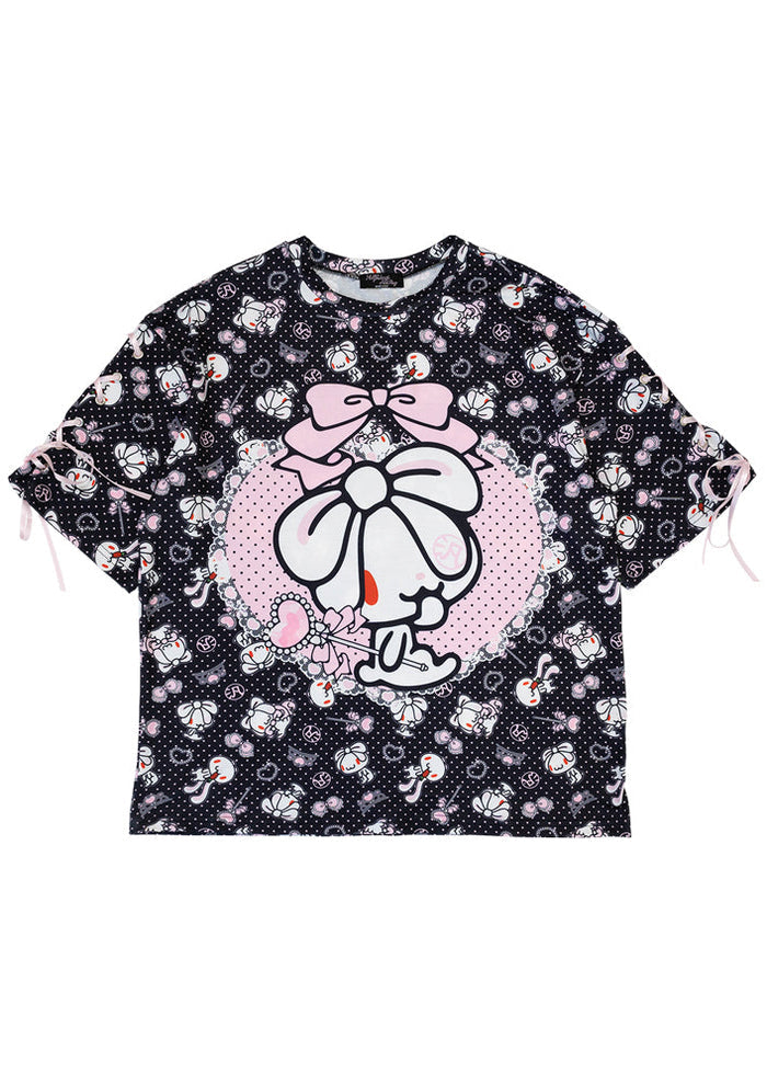 ACDC Rag Hanyo Usagi Chax Bunny Oversized Black Tee in black with Chax bunny graphic print on rave festival t-shirt — front flat lay